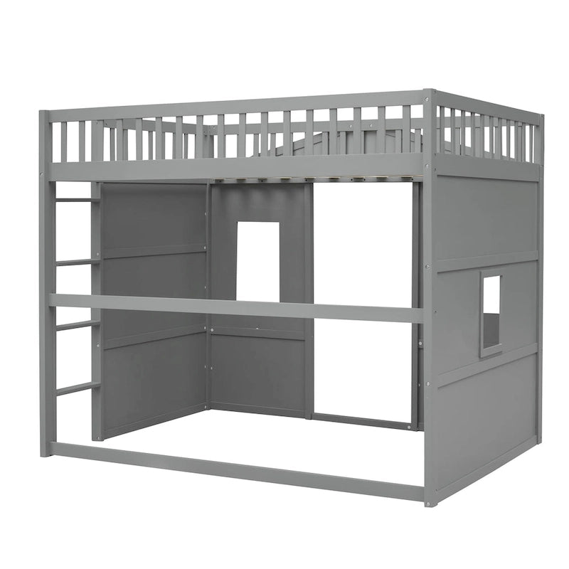 Cama alta tipo casa tamaño Full con escalera - gris