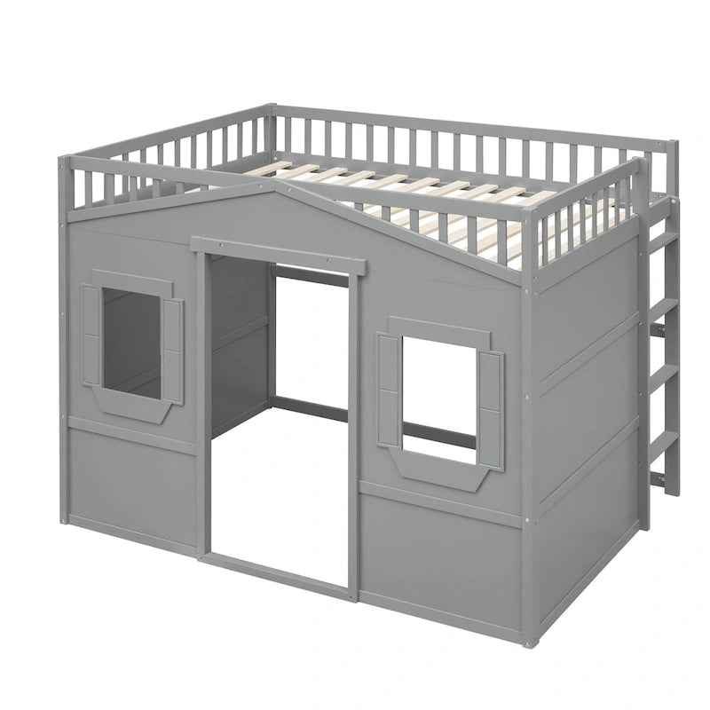 Cama alta tipo casa tamaño Full con escalera - gris