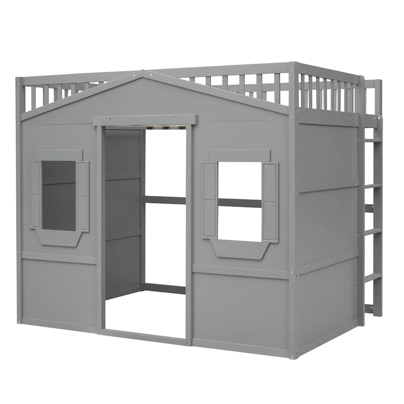 Cama alta tipo casa tamaño Full con escalera - gris