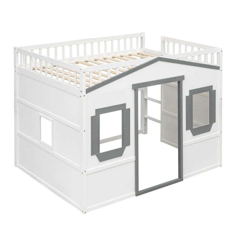 Cama alta tipo casa tamaño Full con escalera - gris