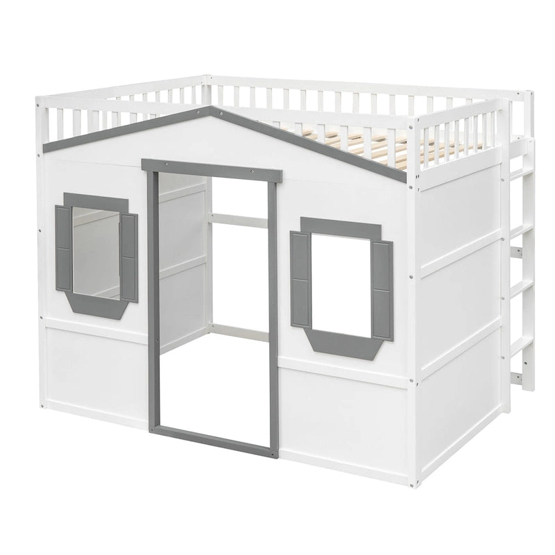 Cama alta tipo casa tamaño Full con escalera - gris