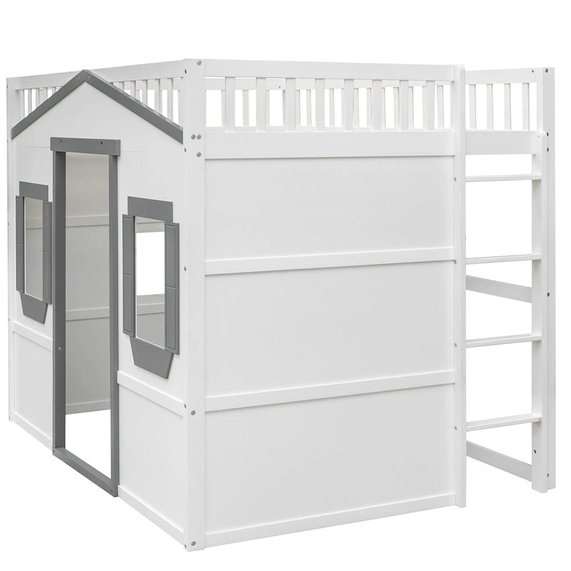 Cama alta tipo casa tamaño Full con escalera - gris