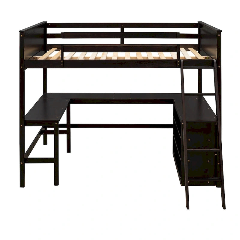 Cama alta tamaño matrimonial con estantes y escritorio, cama alta de madera con escritorio - Espresso
