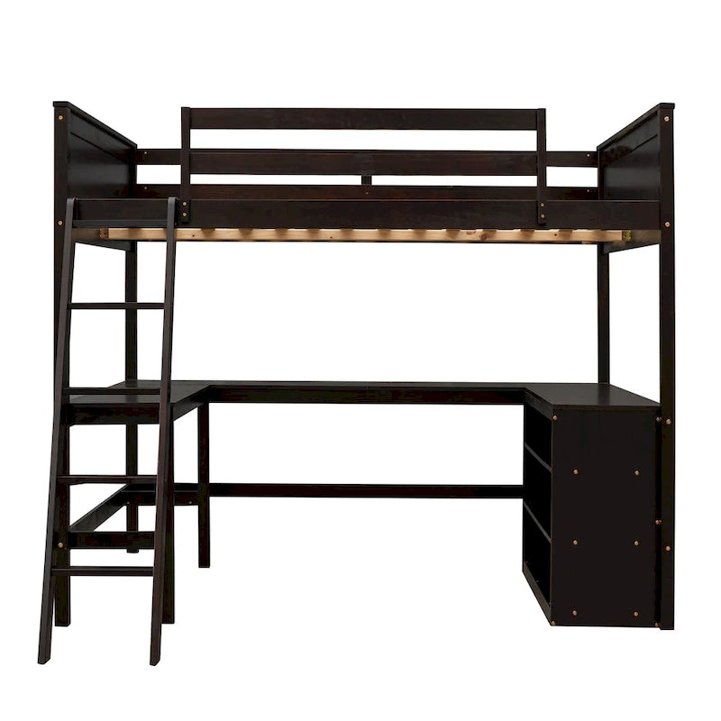 Cama alta tamaño matrimonial con estantes y escritorio, cama alta de madera con escritorio - Espresso