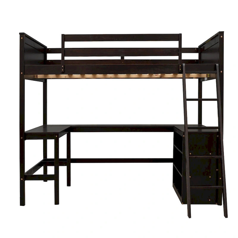 Cama alta tamaño matrimonial con estantes y escritorio, cama alta de madera con escritorio - Espresso