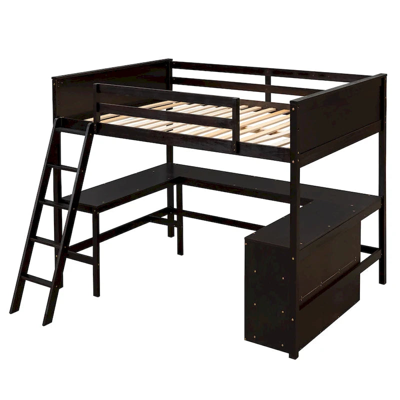 Cama alta tamaño matrimonial con estantes y escritorio, cama alta de madera con escritorio - Espresso