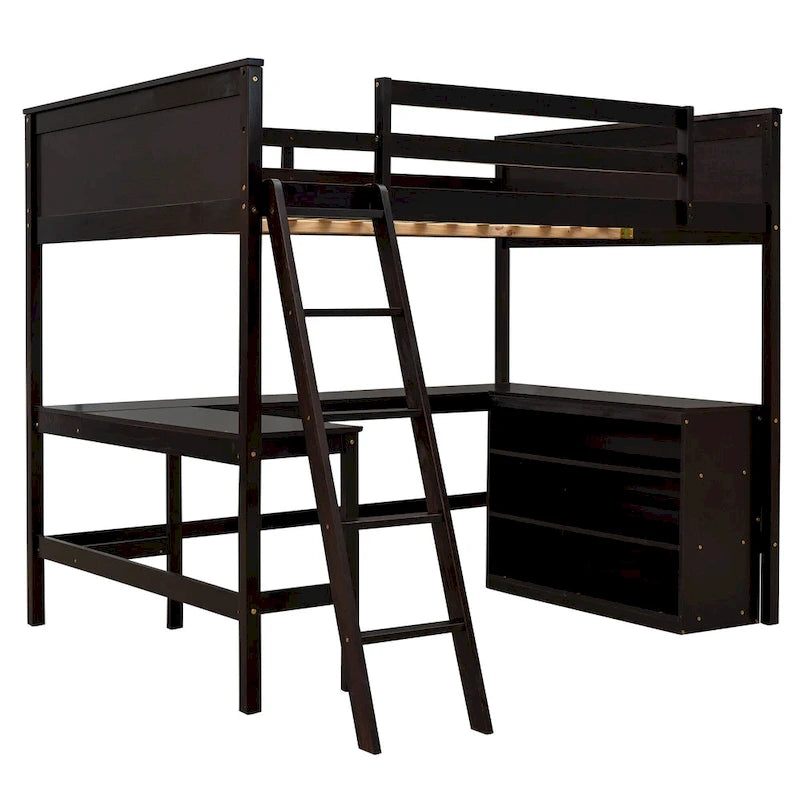 Cama alta tamaño matrimonial con estantes y escritorio, cama alta de madera con escritorio - Espresso