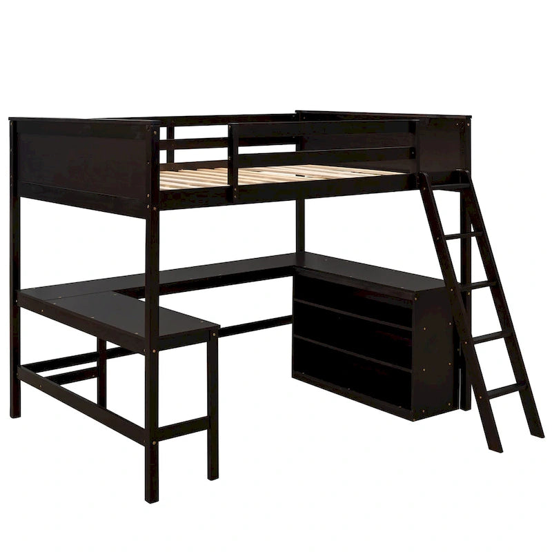 Cama alta tamaño matrimonial con estantes y escritorio, cama alta de madera con escritorio - Espresso