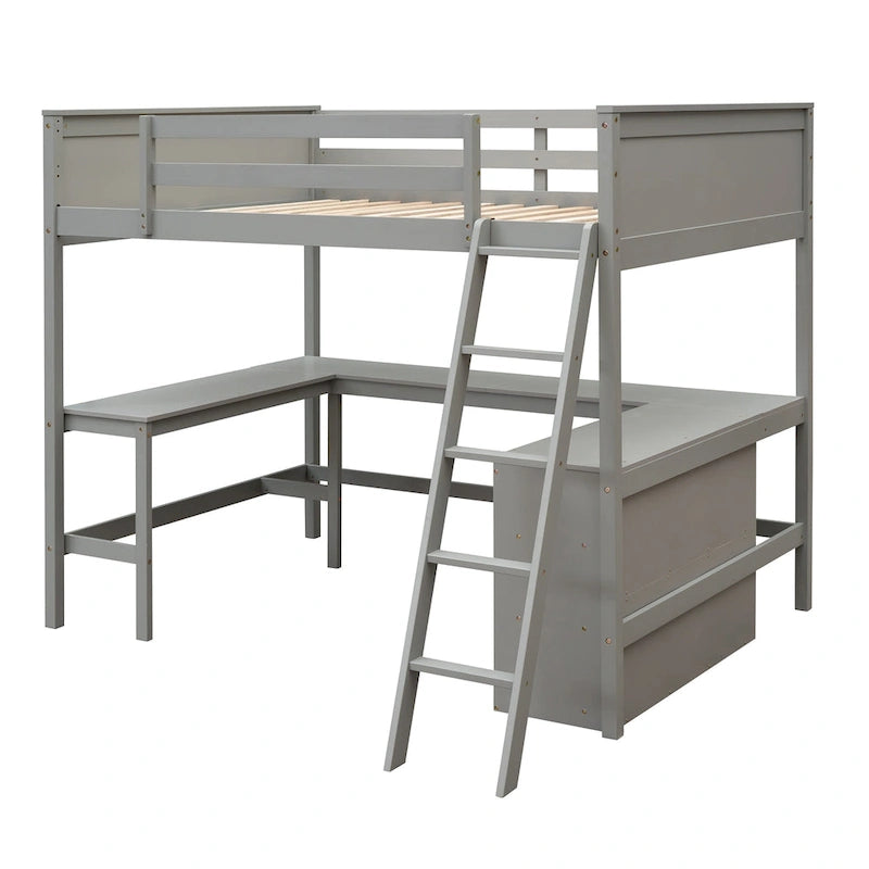 Cama alta tamaño matrimonial con estantes y escritorio, cama alta de madera con escritorio - Espresso