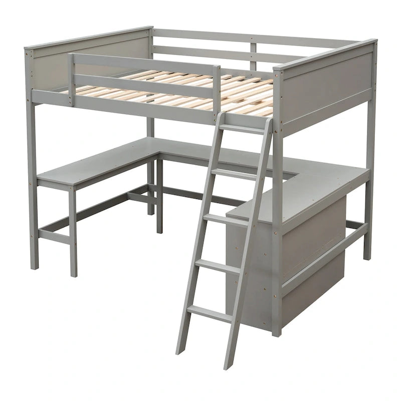 Cama alta tamaño matrimonial con estantes y escritorio, cama alta de madera con escritorio - Espresso