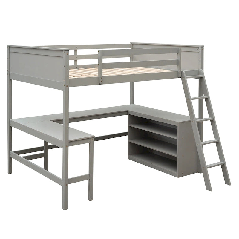 Cama alta tamaño matrimonial con estantes y escritorio, cama alta de madera con escritorio - Espresso