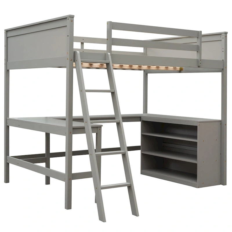 Cama alta tamaño matrimonial con estantes y escritorio, cama alta de madera con escritorio - Espresso