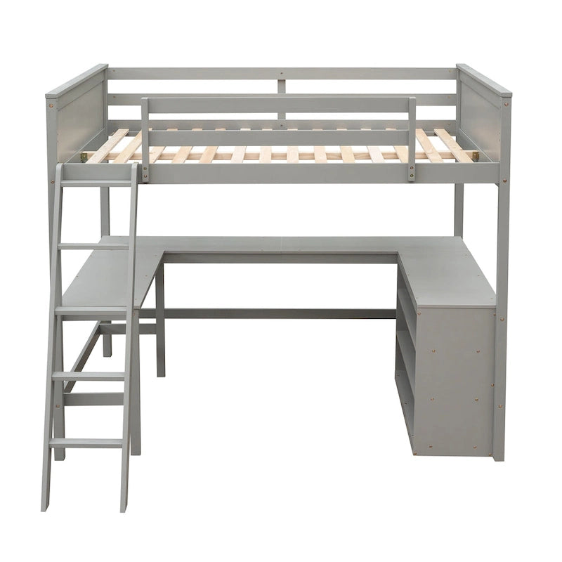 Cama alta tamaño matrimonial con estantes y escritorio, cama alta de madera con escritorio - Espresso