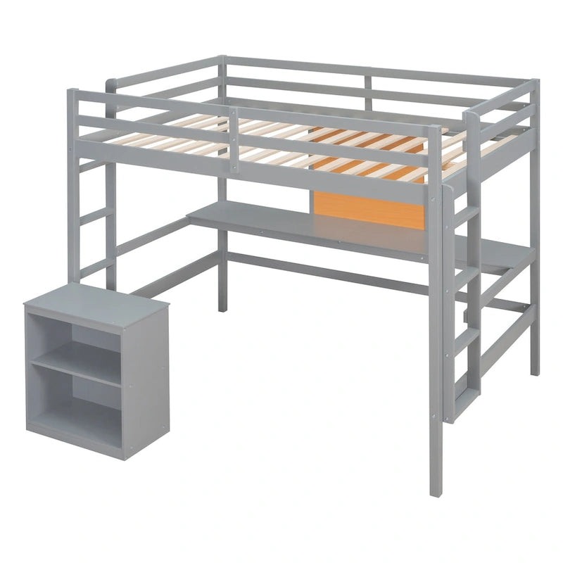 Full size Loft Bed with Desk and Writing Board, Wooden Loft Bed with Desk & 2 Drawers Cabinet- Espresso