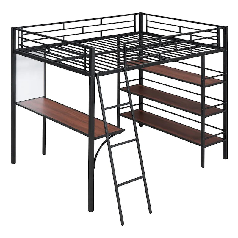 Cama alta de metal tamaño Full con 3 niveles de estantes y escritorio, cama con estructura metálica elegante, pizarra blanca, negra