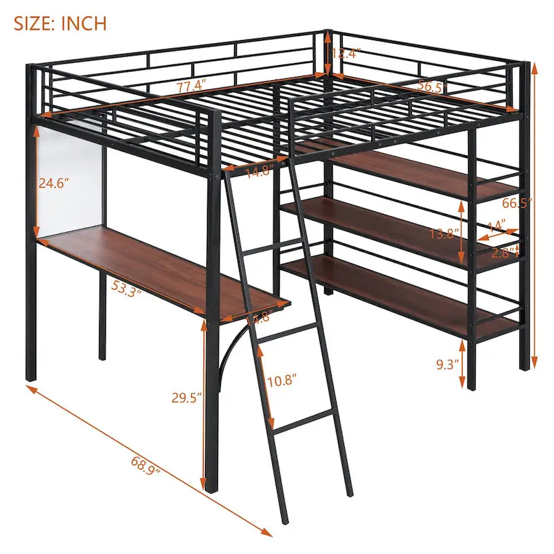 Cama alta de metal tamaño Full con 3 niveles de estantes y escritorio, cama con estructura metálica elegante, pizarra blanca, negra