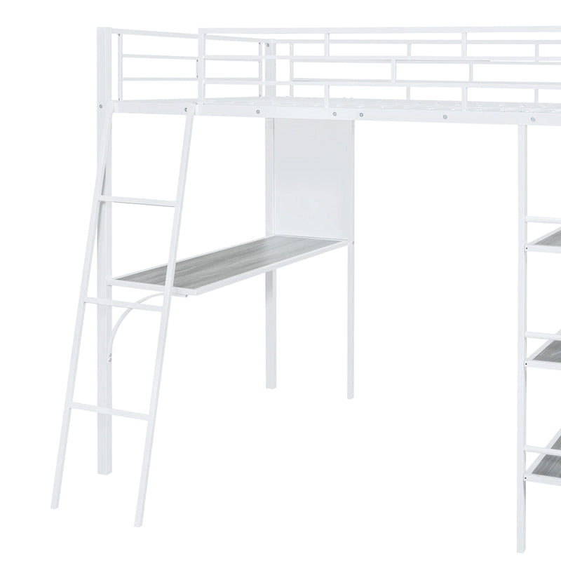 Cama alta de metal tamaño Full con 3 niveles de estantes y escritorio, cama con estructura metálica elegante, pizarra blanca, negra