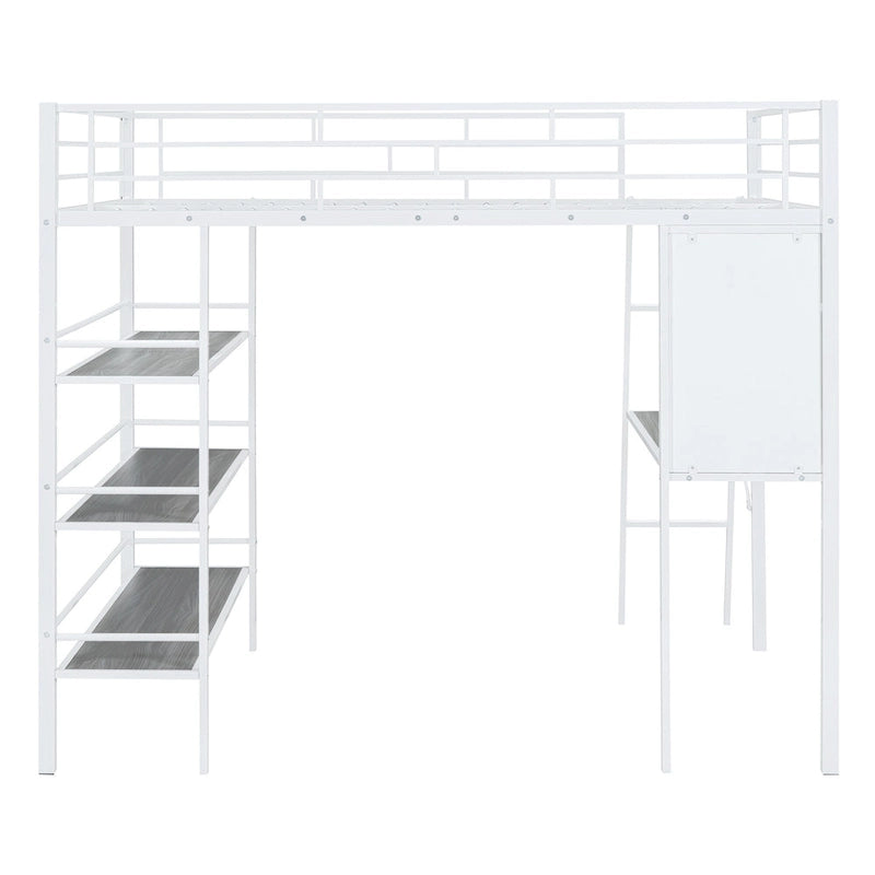 Metall-Hochbett in voller Größe mit 3 Ebenen Regalen und Schreibtisch, stilvolles Metallbettgestell mit Whiteboard, Schwarz