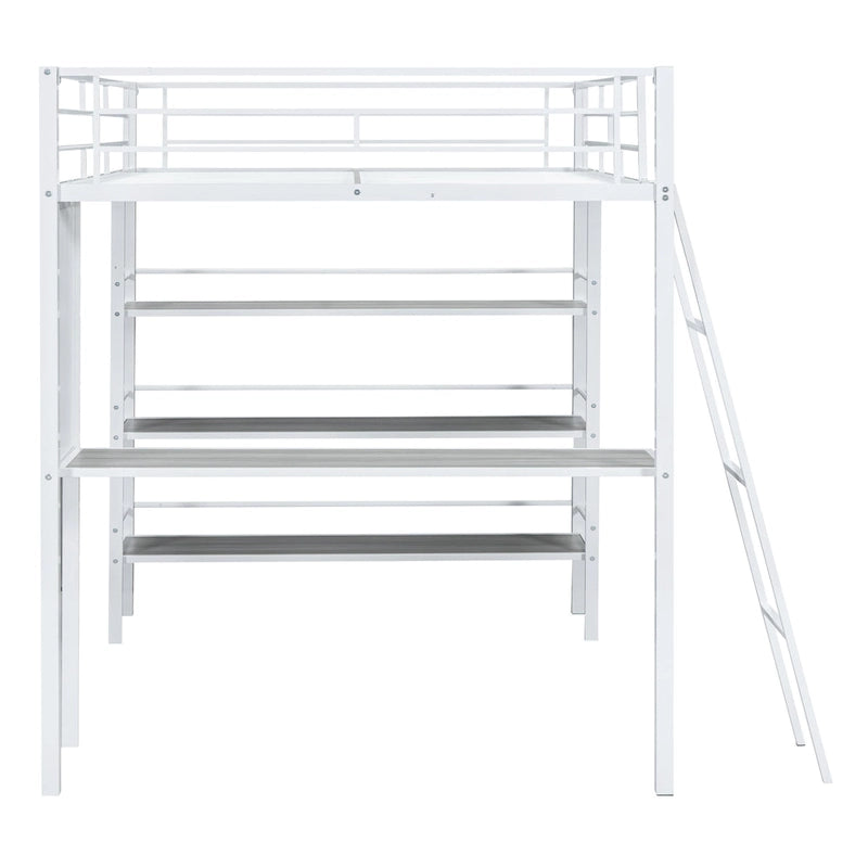 Metall-Hochbett in voller Größe mit 3 Ebenen Regalen und Schreibtisch, stilvolles Metallbettgestell mit Whiteboard, Schwarz