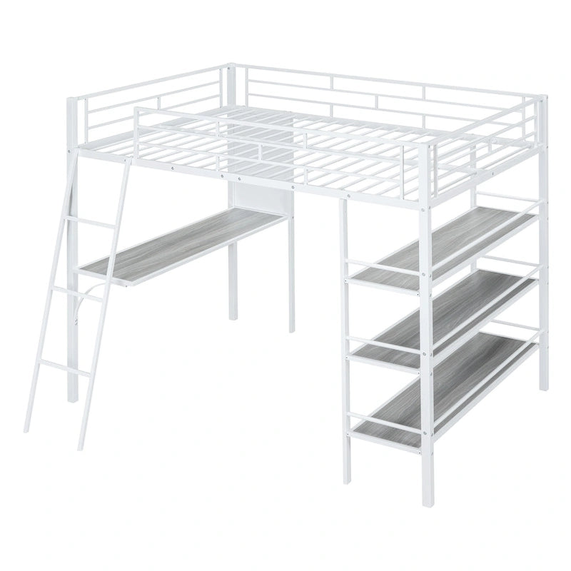 Metall-Hochbett in voller Größe mit 3 Ebenen Regalen und Schreibtisch, stilvolles Metallbettgestell mit Whiteboard, Schwarz