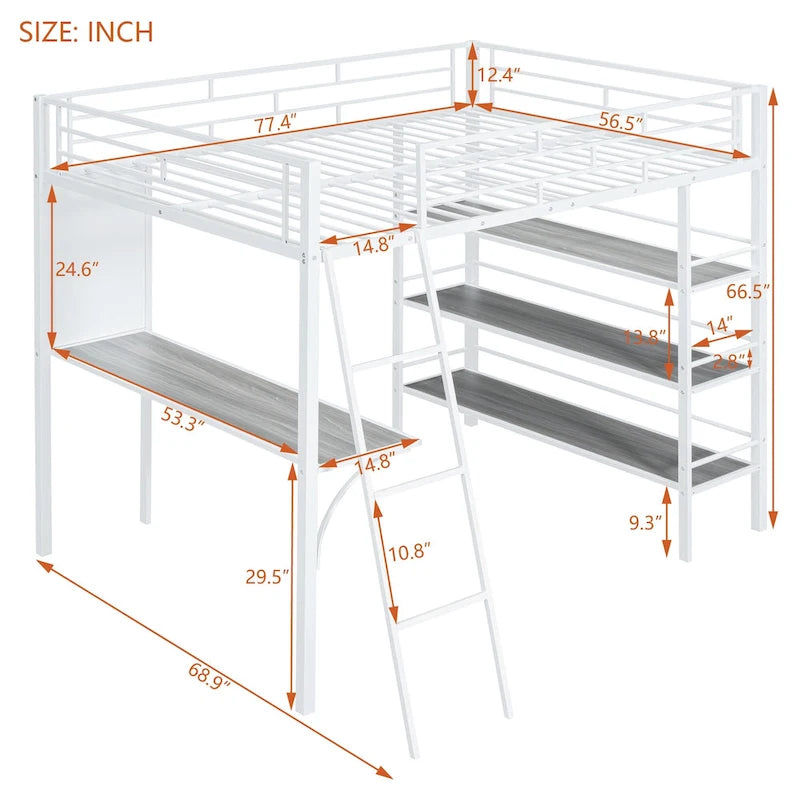 Metall-Hochbett in voller Größe mit 3 Ebenen Regalen und Schreibtisch, stilvolles Metallbettgestell mit Whiteboard, Schwarz