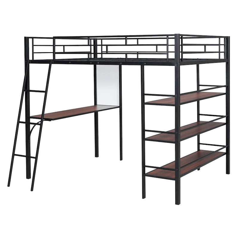 Metall-Hochbett in voller Größe mit 3 Ebenen Regalen und Schreibtisch, stilvolles Metallbettgestell mit Whiteboard, Schwarz