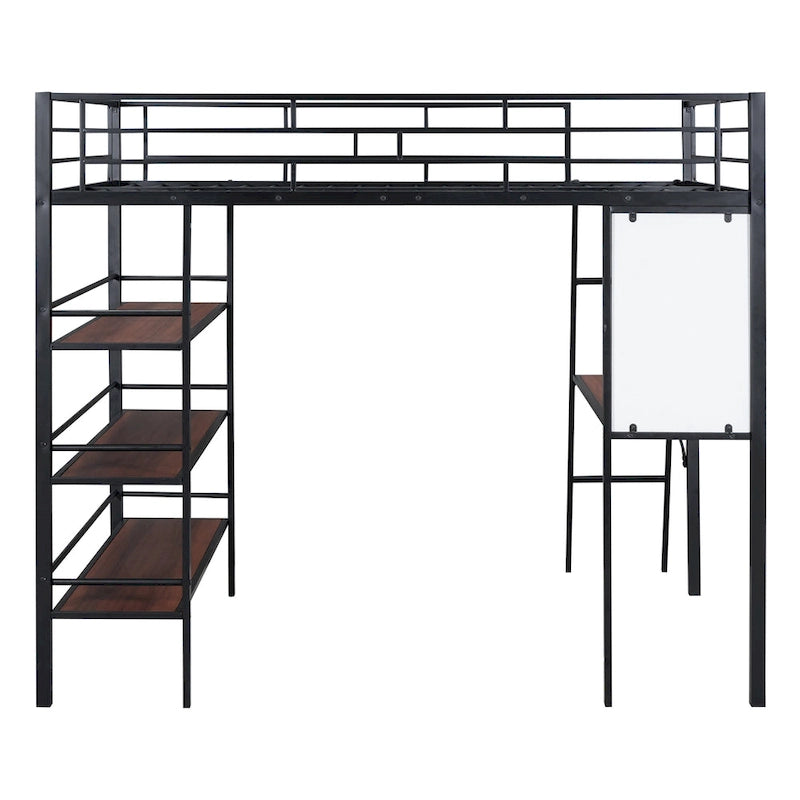 Metall-Hochbett in voller Größe mit 3 Ebenen Regalen und Schreibtisch, stilvolles Metallbettgestell mit Whiteboard, Schwarz