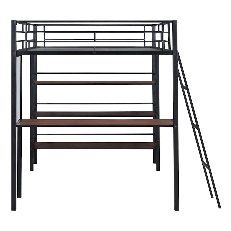 Metall-Hochbett in voller Größe mit 3 Ebenen Regalen und Schreibtisch, stilvolles Metallbettgestell mit Whiteboard, Schwarz