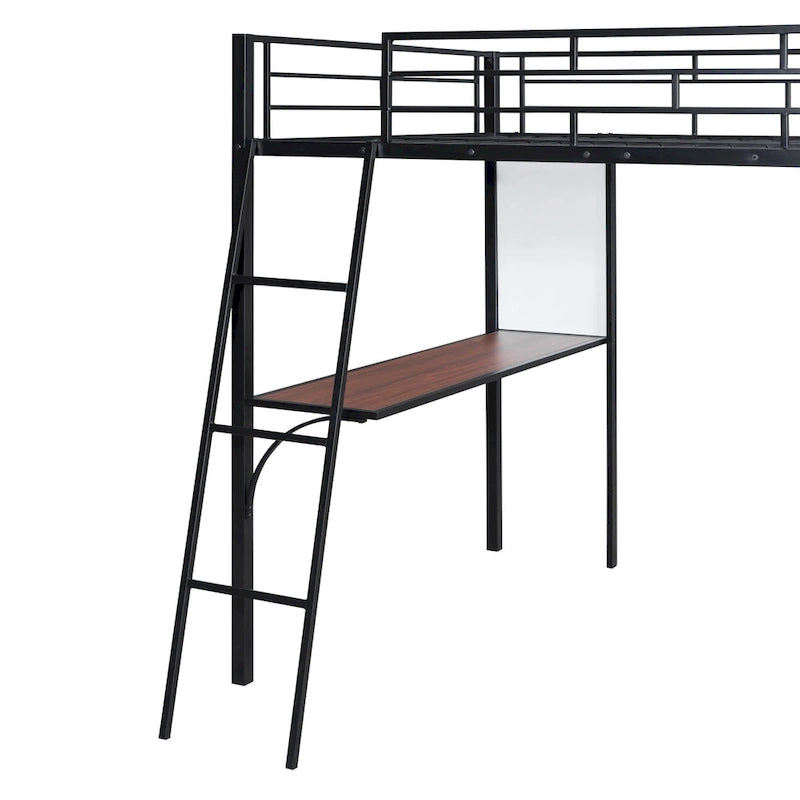 Metall-Hochbett in voller Größe mit 3 Ebenen Regalen und Schreibtisch, stilvolles Metallbettgestell mit Whiteboard, Schwarz