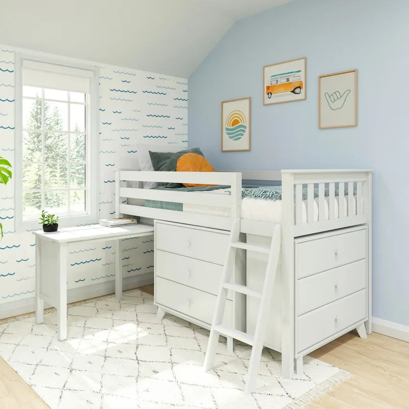 Letto a soppalco basso singolo con scrivania estraibile e cassettiere a 3 cassetti