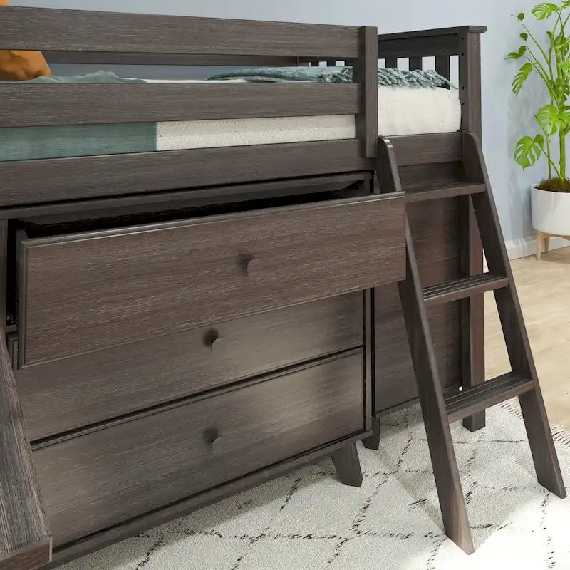 Letto a soppalco basso singolo con scrivania estraibile e cassettiere a 3 cassetti