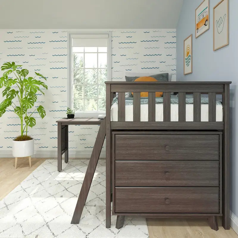 Letto a soppalco basso singolo con scrivania estraibile e cassettiere a 3 cassetti