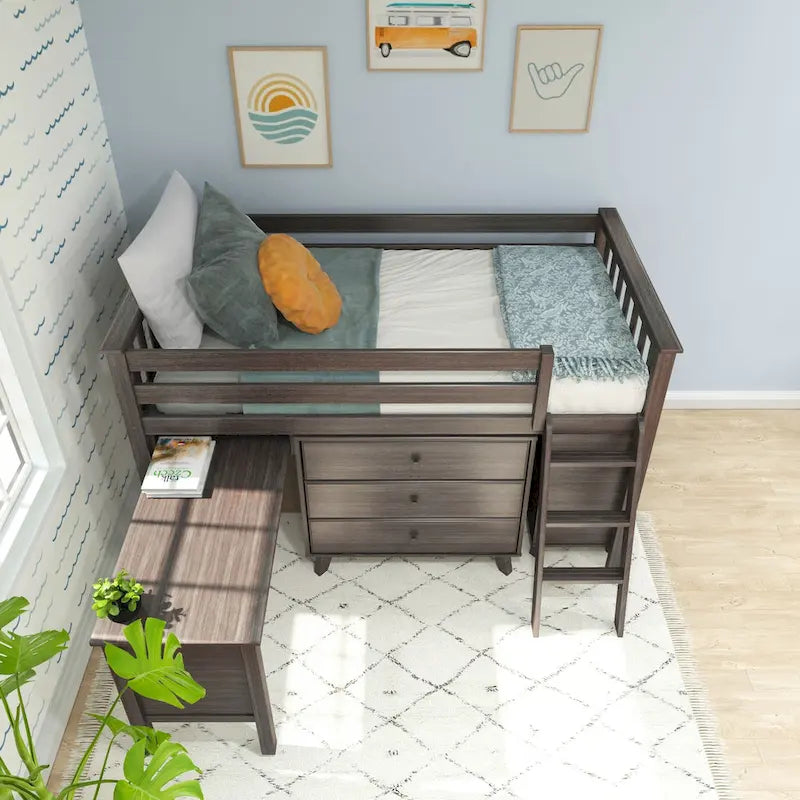 Letto a soppalco basso singolo con scrivania estraibile e cassettiere a 3 cassetti