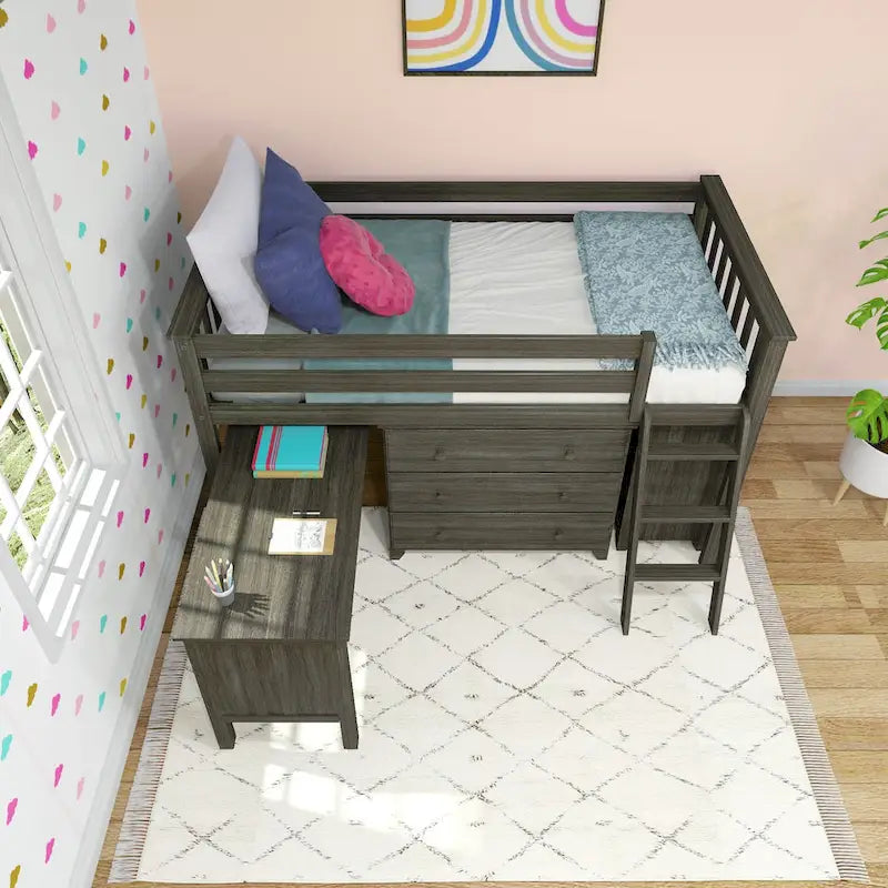 Letto a soppalco basso singolo con scrivania estraibile e cassettiere a 3 cassetti