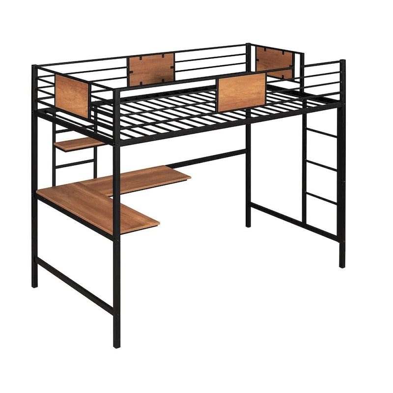 Cama alta metálica individual con escritorio y estante
