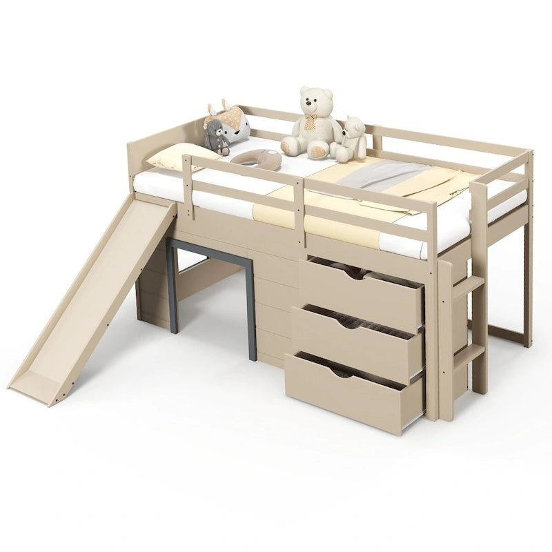 Cama alta tamaño Twin 3 en 1 con tobogán, escalera y cajones para niños y adolescentes - beige