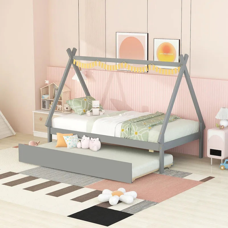 Cama de suelo tipo tienda de campaña tamaño Twin con cama nido