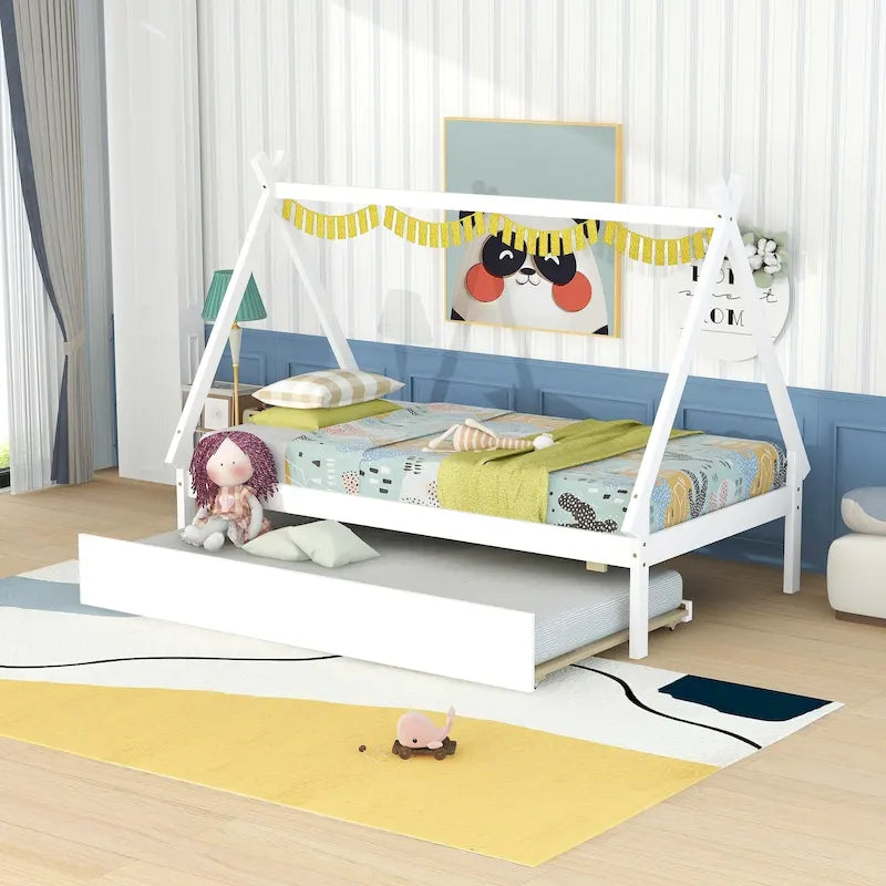 Cama de suelo tipo tienda de campaña tamaño Twin con cama nido