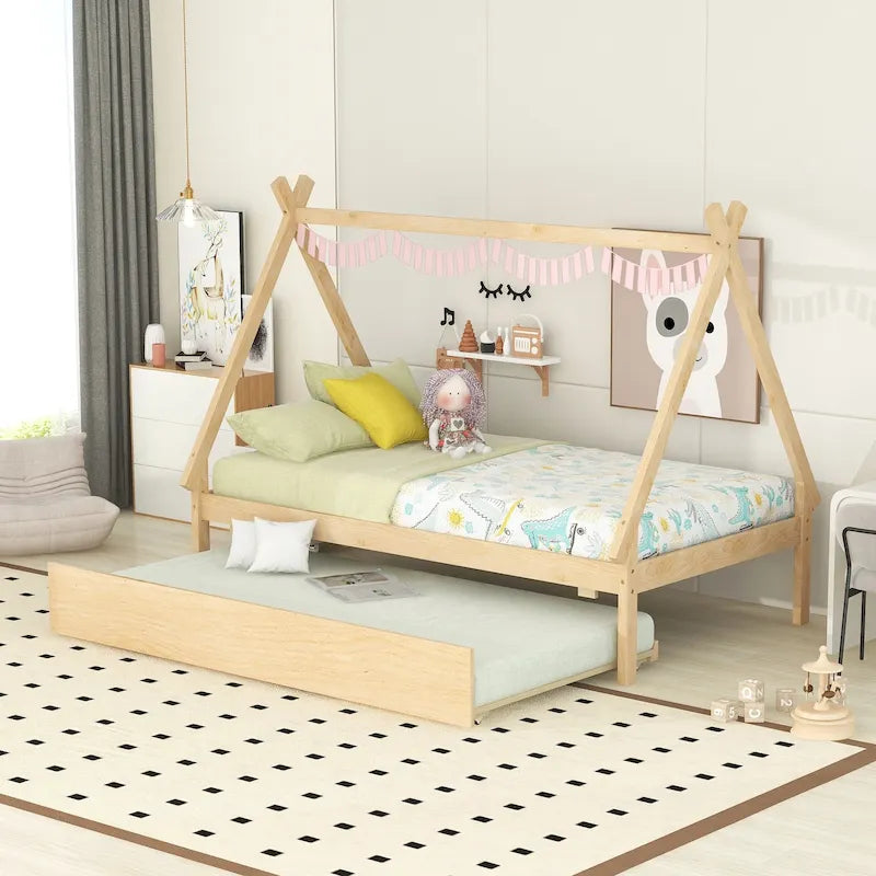 Cama de suelo tipo tienda de campaña tamaño Twin con cama nido