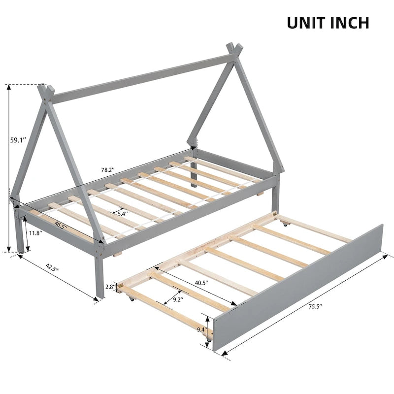 Cama de suelo tipo tienda de campaña tamaño Twin con cama nido