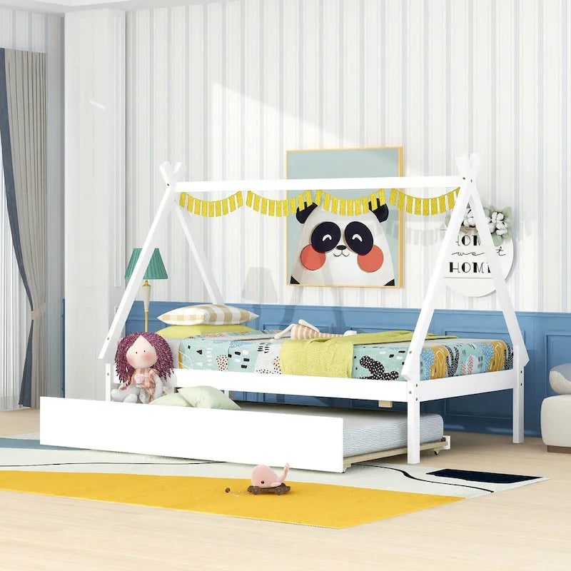 Cama de suelo tipo tienda de campaña tamaño Twin con cama nido