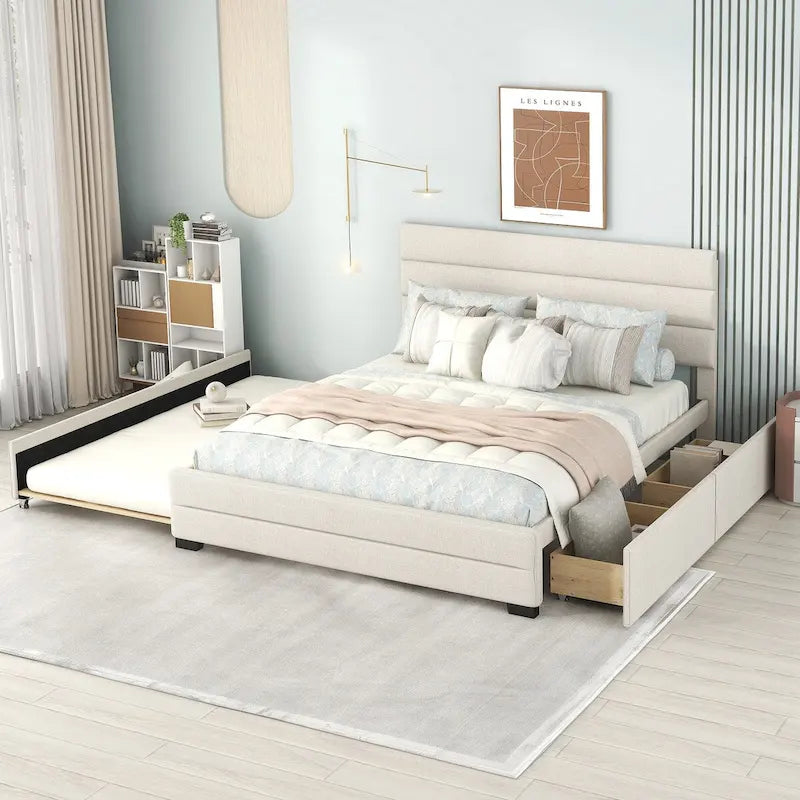 Cama con plataforma tapizada beige tamaño queen, cama nido, cajones de almacenamiento, diseño moderno y estructura resistente