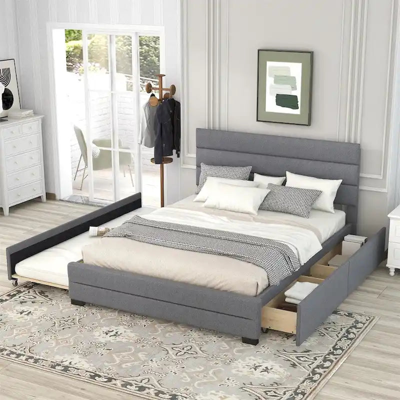 Cama con plataforma tapizada beige tamaño queen, cama nido, cajones de almacenamiento, diseño moderno y estructura resistente