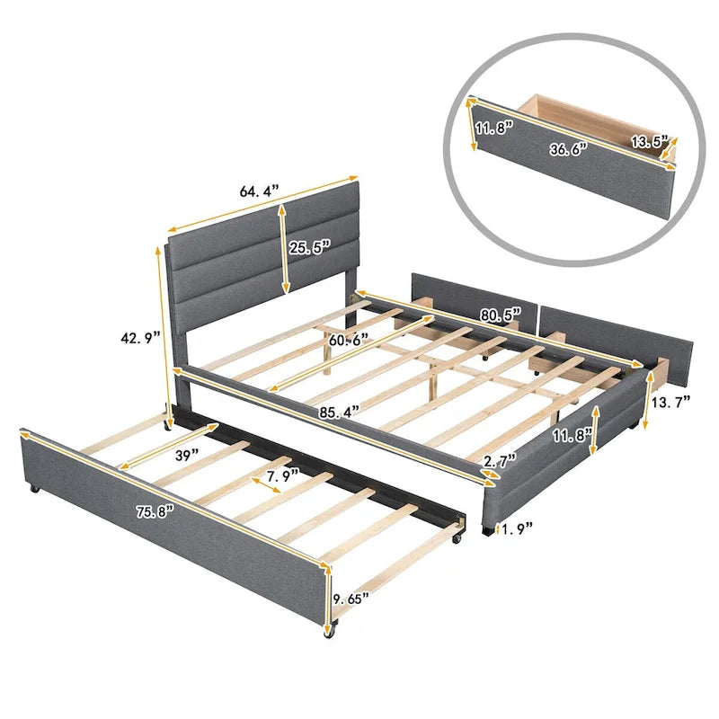 Beige Queen Upholstered Platform Bed, Trundle, Storage Drawers, Modern Design, Sturdy Frame