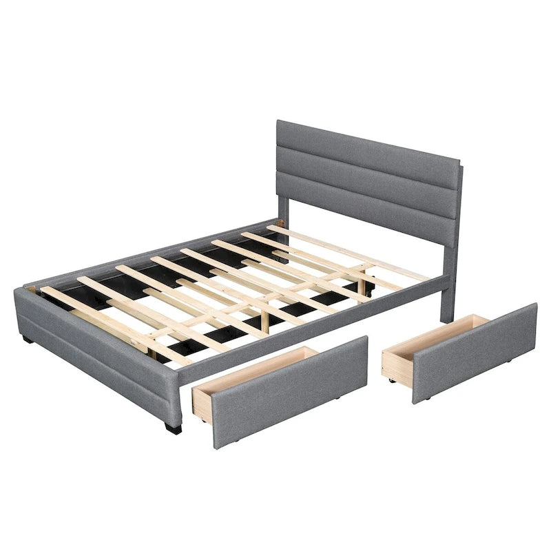 Cama con plataforma tapizada beige tamaño queen, cama nido, cajones de almacenamiento, diseño moderno y estructura resistente