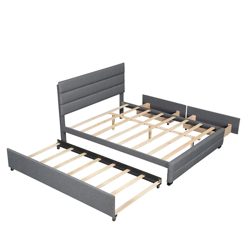 Cama con plataforma tapizada beige tamaño queen, cama nido, cajones de almacenamiento, diseño moderno y estructura resistente