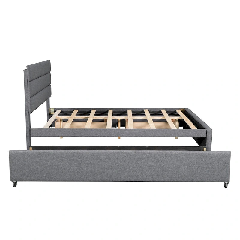 Cama con plataforma tapizada beige tamaño queen, cama nido, cajones de almacenamiento, diseño moderno y estructura resistente