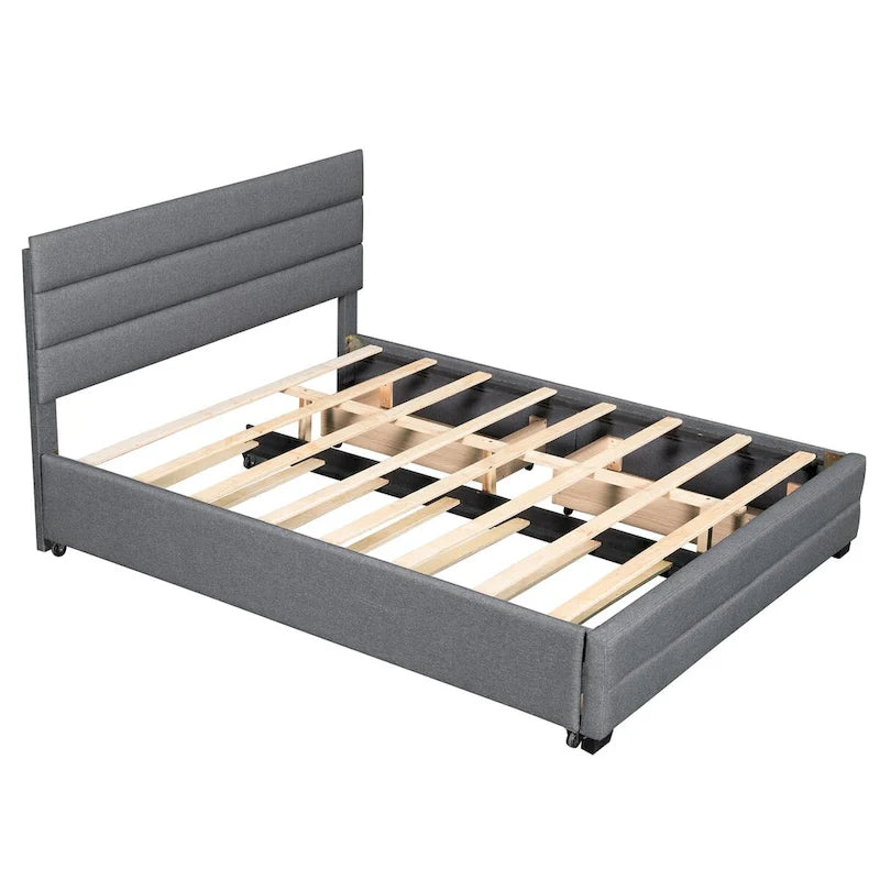 Cama con plataforma tapizada beige tamaño queen, cama nido, cajones de almacenamiento, diseño moderno y estructura resistente