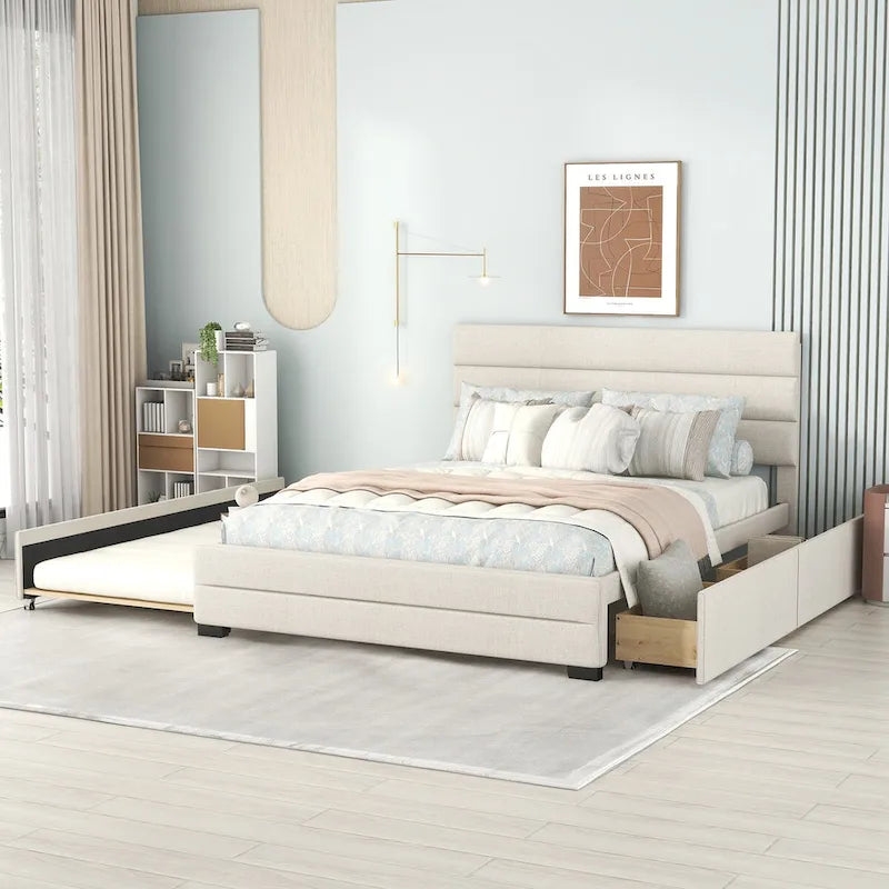 Cama con plataforma tapizada beige tamaño queen, cama nido, cajones de almacenamiento, diseño moderno y estructura resistente