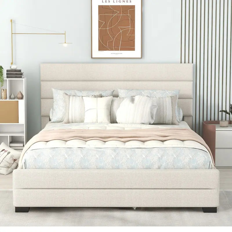 Cama con plataforma tapizada beige tamaño queen, cama nido, cajones de almacenamiento, diseño moderno y estructura resistente